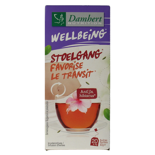 Damhert Tea Time stoelgangthee in a box of 20 tea bags, herbal tea for digestion support, with tea bags and packaging visible.
