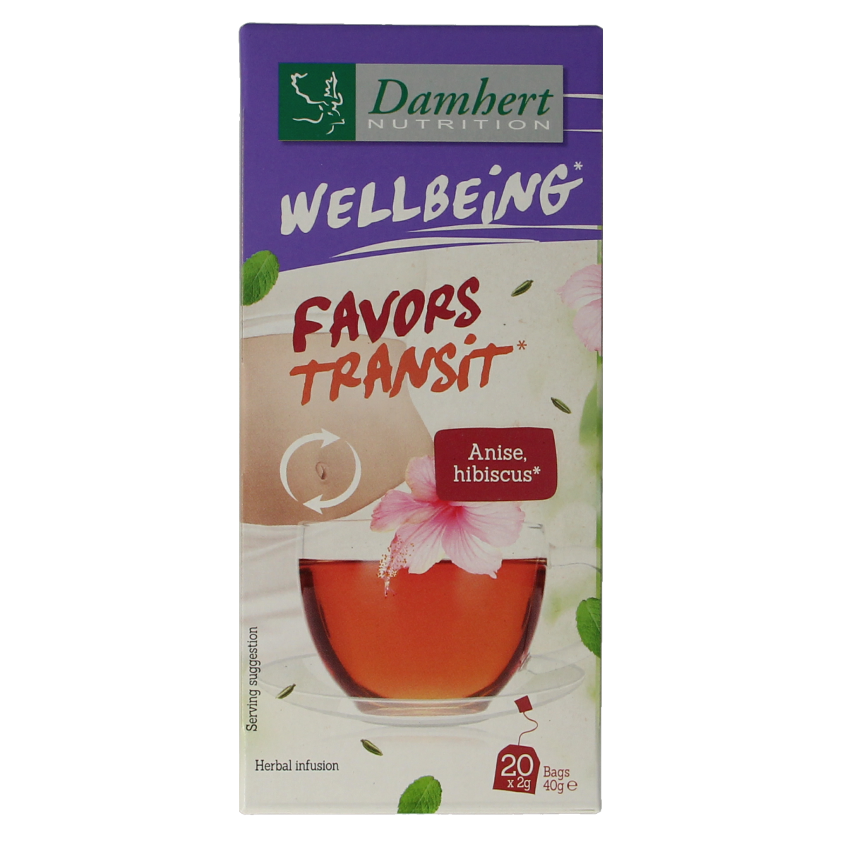 Damhert Tea Time stoelgangthee box with 20 tea bags, natural herbal blend for digestive health, in a colorful packaging.