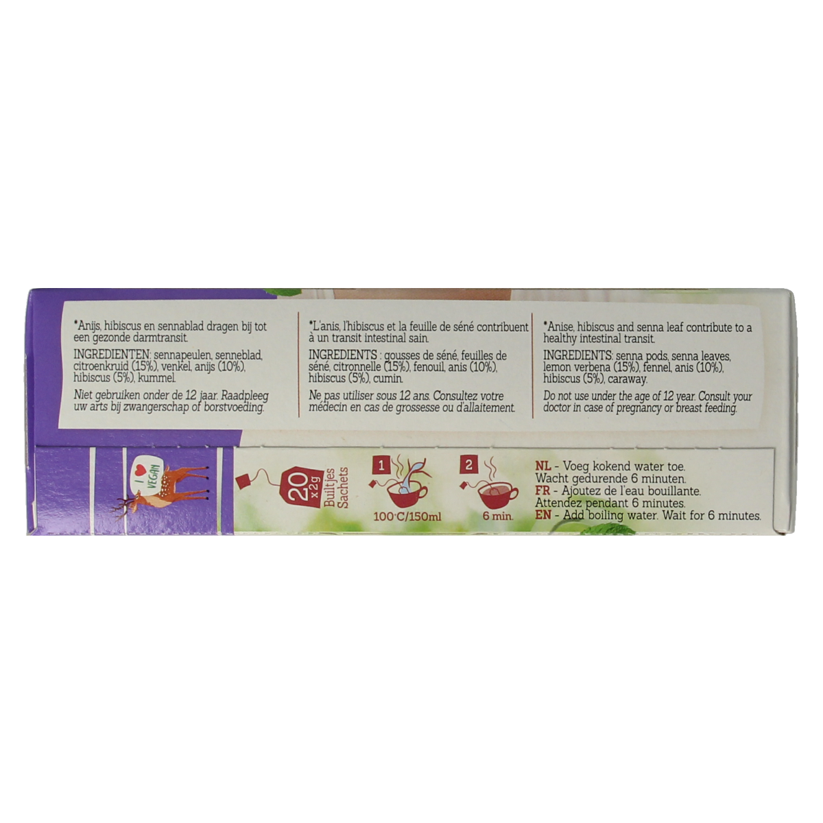 Damhert Tea Time stoelgangthee in a box of 20 tea bags, natural herbal tea for digestive support, with packaging visible.