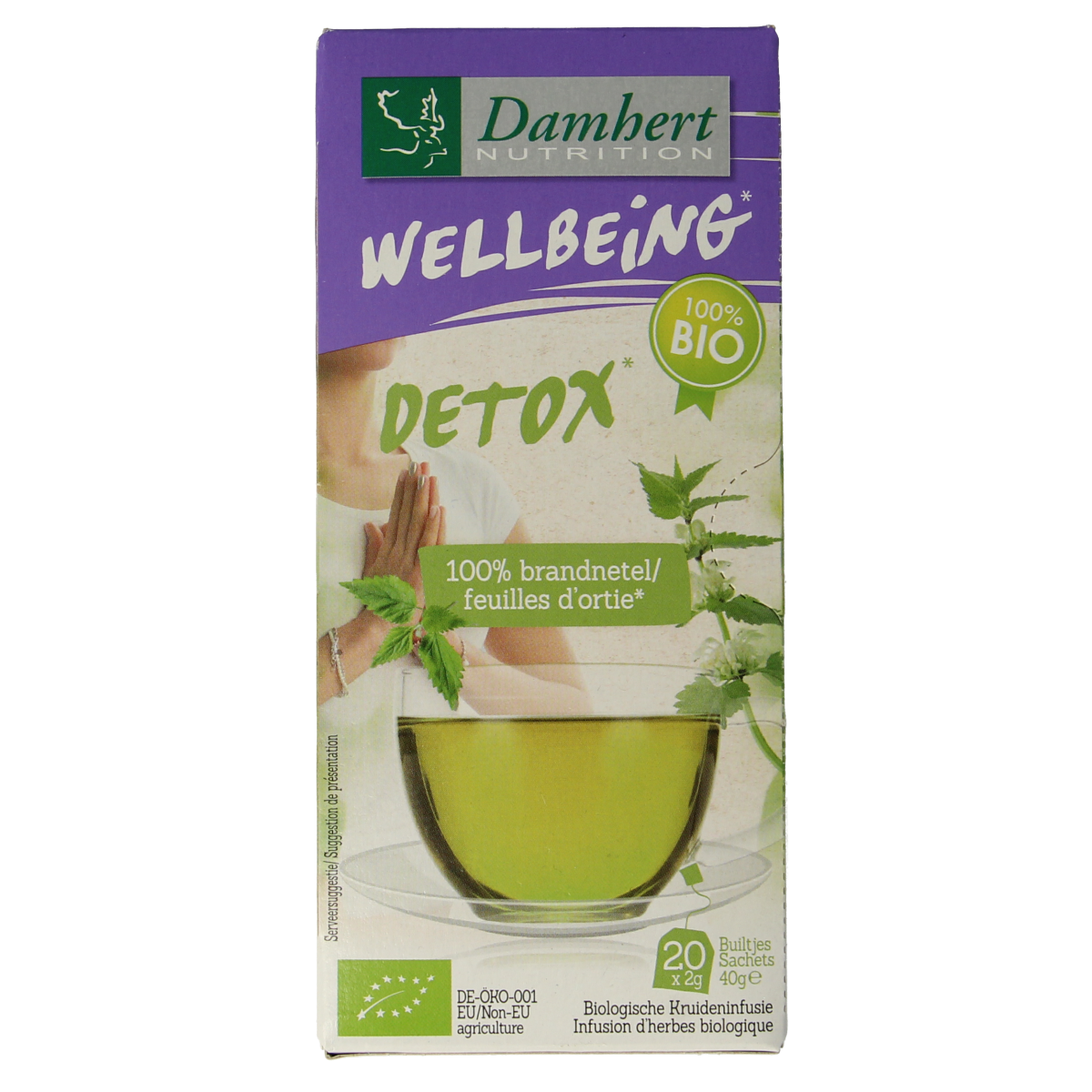 Damhert organic nettle tea bags, 20-pack, featuring green tea bags with Damhert branding and natural nettle leaves.