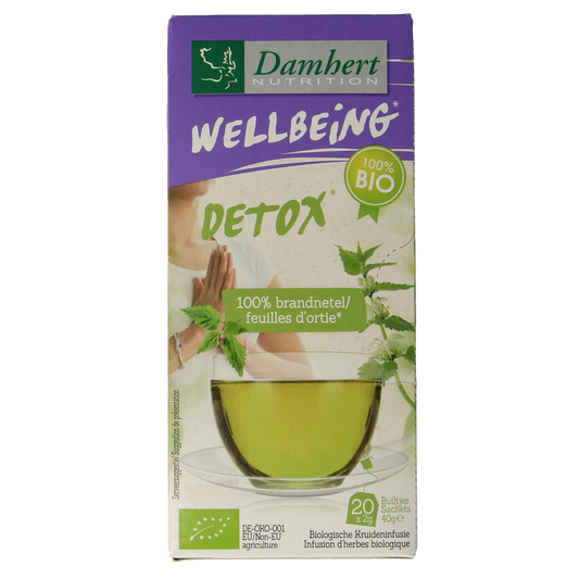 Damhert organic nettle tea bags, 20-pack, featuring green tea bags with Damhert branding and natural nettle leaves.
