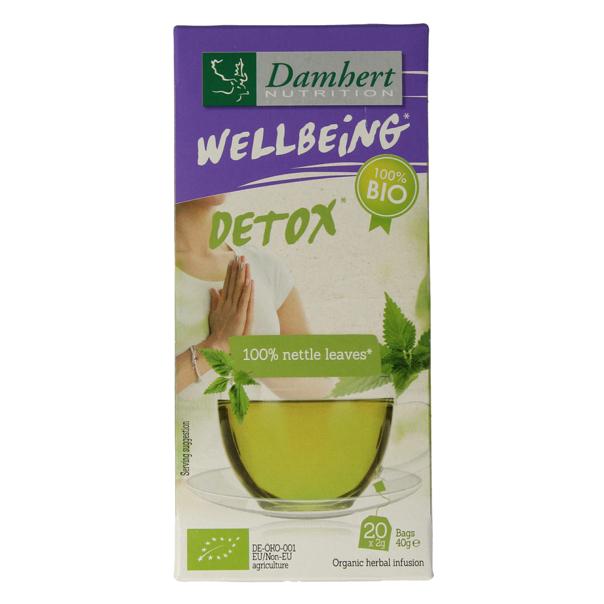 Damhert organic nettle tea bags, 20-count, natural herbal tea with fresh green nettle leaves in a clear tea bag.