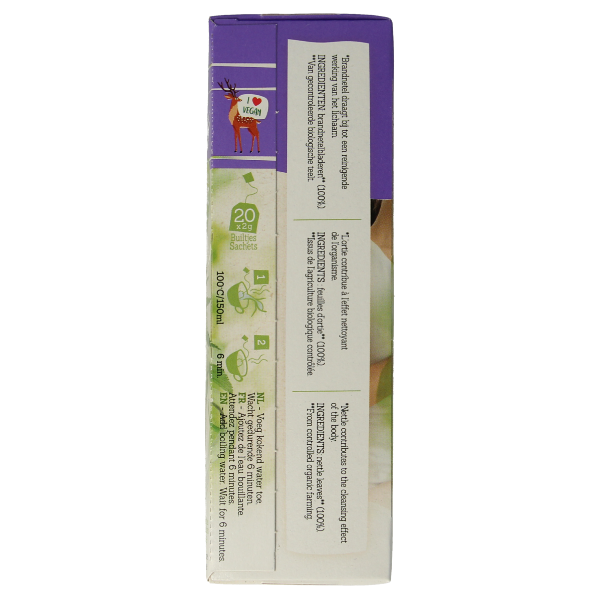 Organic Damhert nettle tea in a box with 20 tea bags, featuring fresh green tea leaves and Damhert branding.