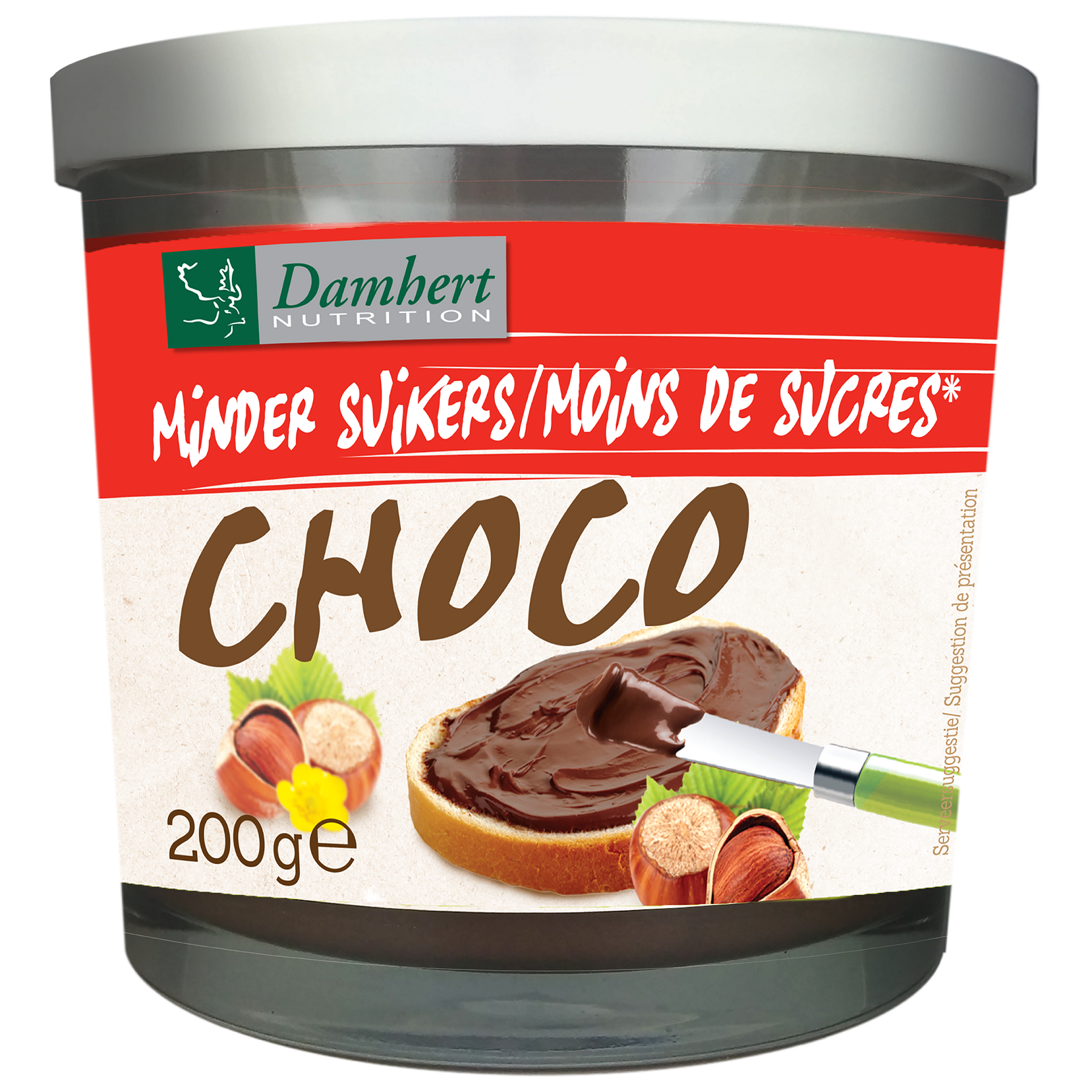 Damhert Chocopasta hazelnoot spread on bread, 200g jar, creamy chocolate and hazelnut broodsbeleg, with a smooth texture.