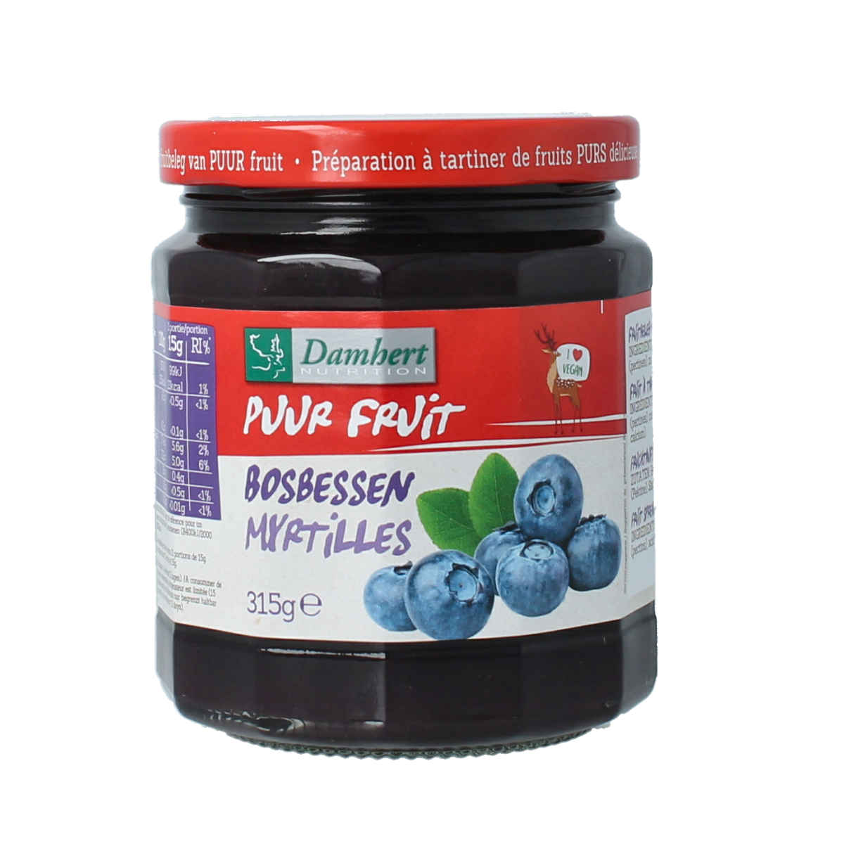 Damhert Puur fruit Besbessen confiture spread on bread, showing rich berry jam with visible fruit pieces in glass jar.