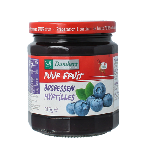 Damhert Puur fruit Besbessen confiture spread on bread, showing rich berry jam with visible fruit pieces in glass jar.