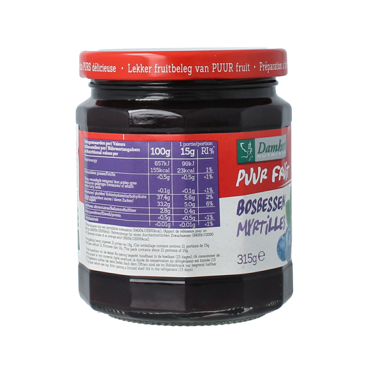Damhert Puur fruit Besbessen confiture spread on bread, showcasing vibrant berry jam in a jar for breakfast or snack.