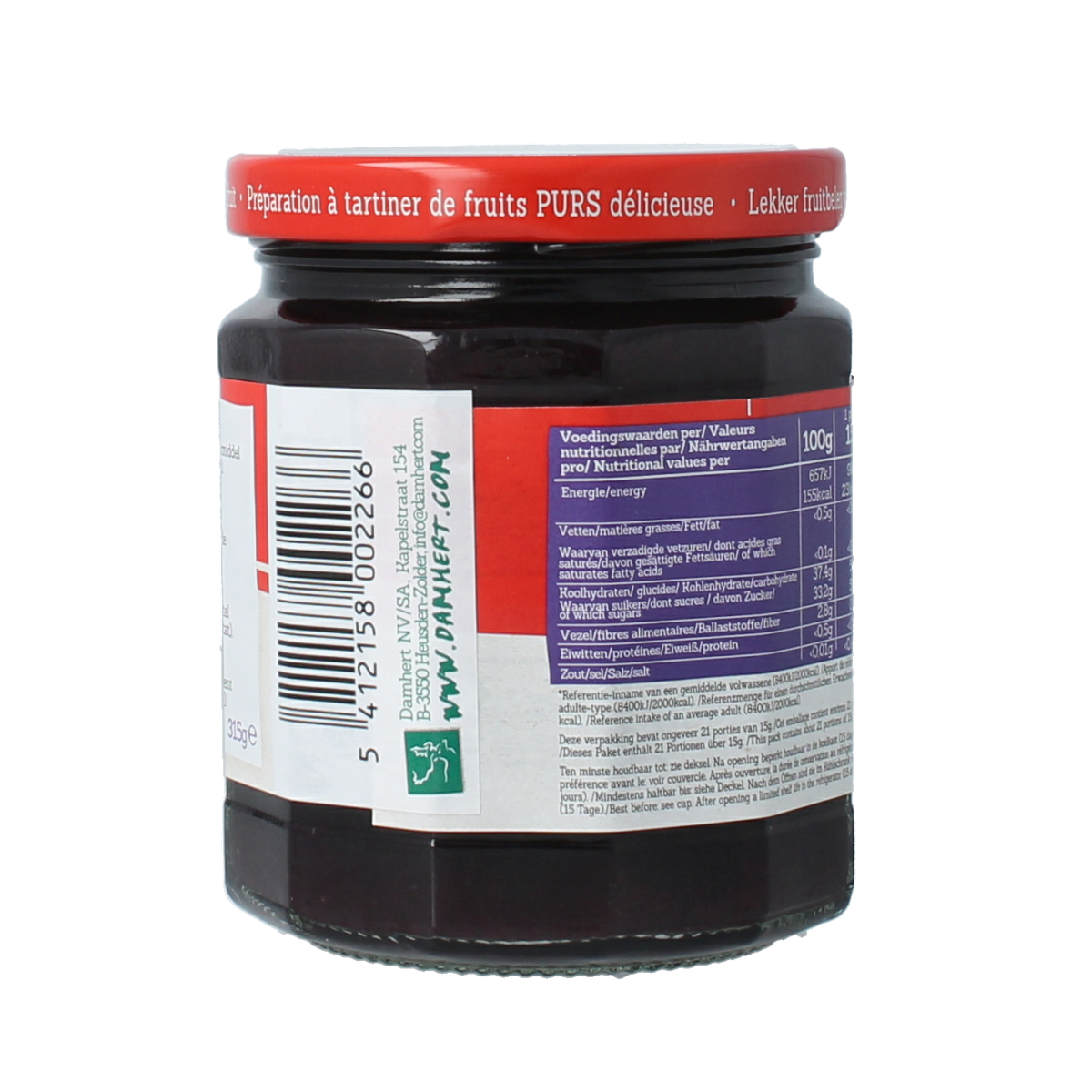 Damhert Puur fruit besbessen confiture jar, 315g, natural berry spread for bread or toast.