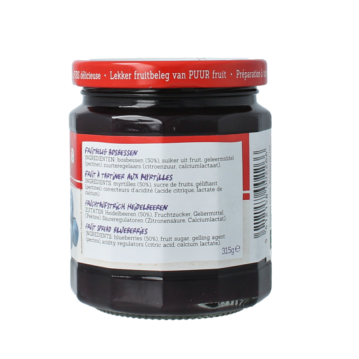 Damhert Puur fruit Besbessen confiture spread on bread, showing vibrant red berry jam in a jar, 315 grams.