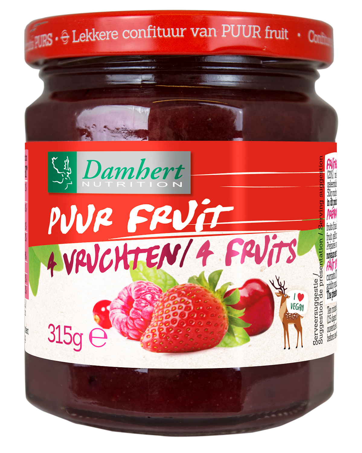 Damhert Puur fruit confituur vier vruchten spread on bread, showcasing colorful fruit jam in a jar.