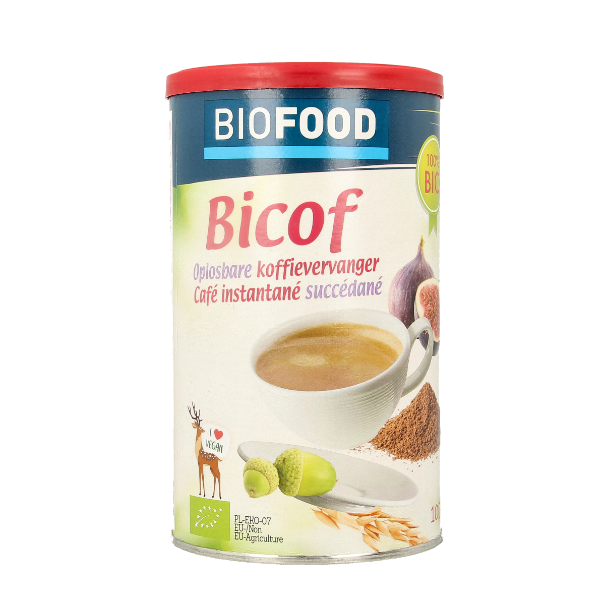 Biofood bio coffee substitute packaging, 100 grams, for coffee and tea, with natural ingredients, shown in the image.