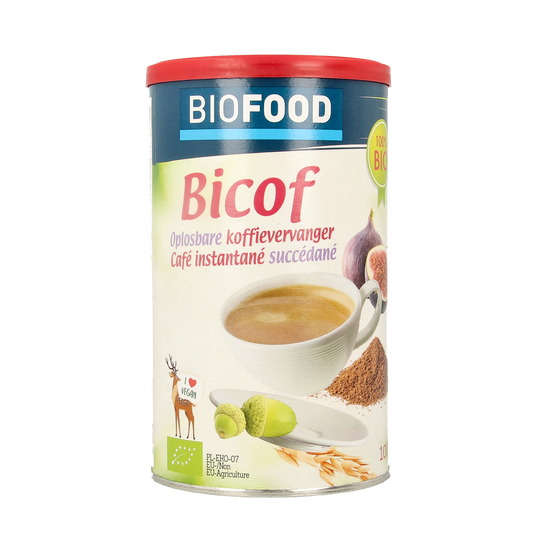 Biofood bio coffee substitute packaging, 100 grams, for coffee and tea, with natural ingredients, shown in the image.