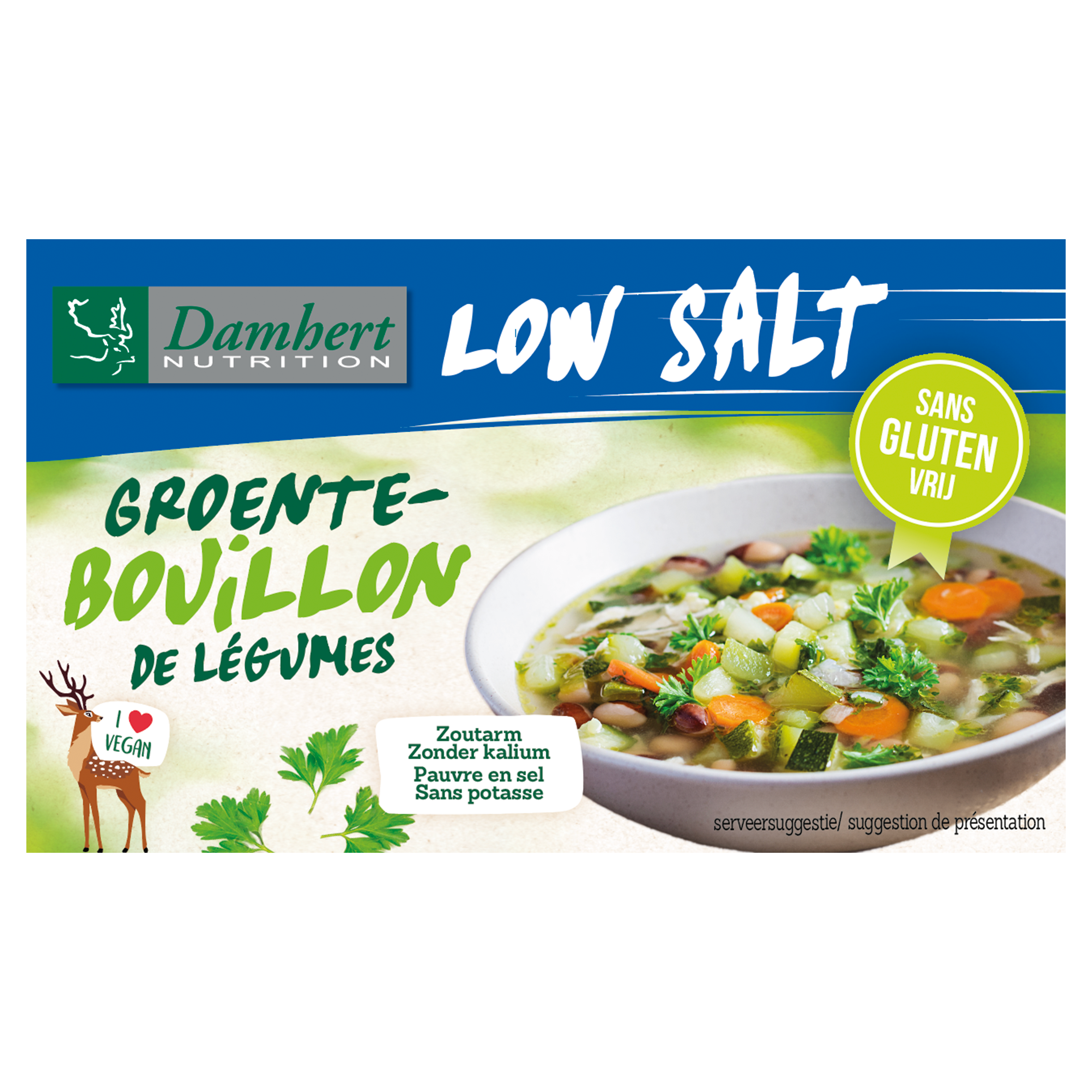 Damhert zoutarme groentebouillon tablet in 64g packet, a natural seasoning for sauces and flavoring dishes.