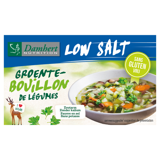 Damhert zoutarme groentebouillon tablet in 64g packet, a natural seasoning for sauces and flavoring dishes.