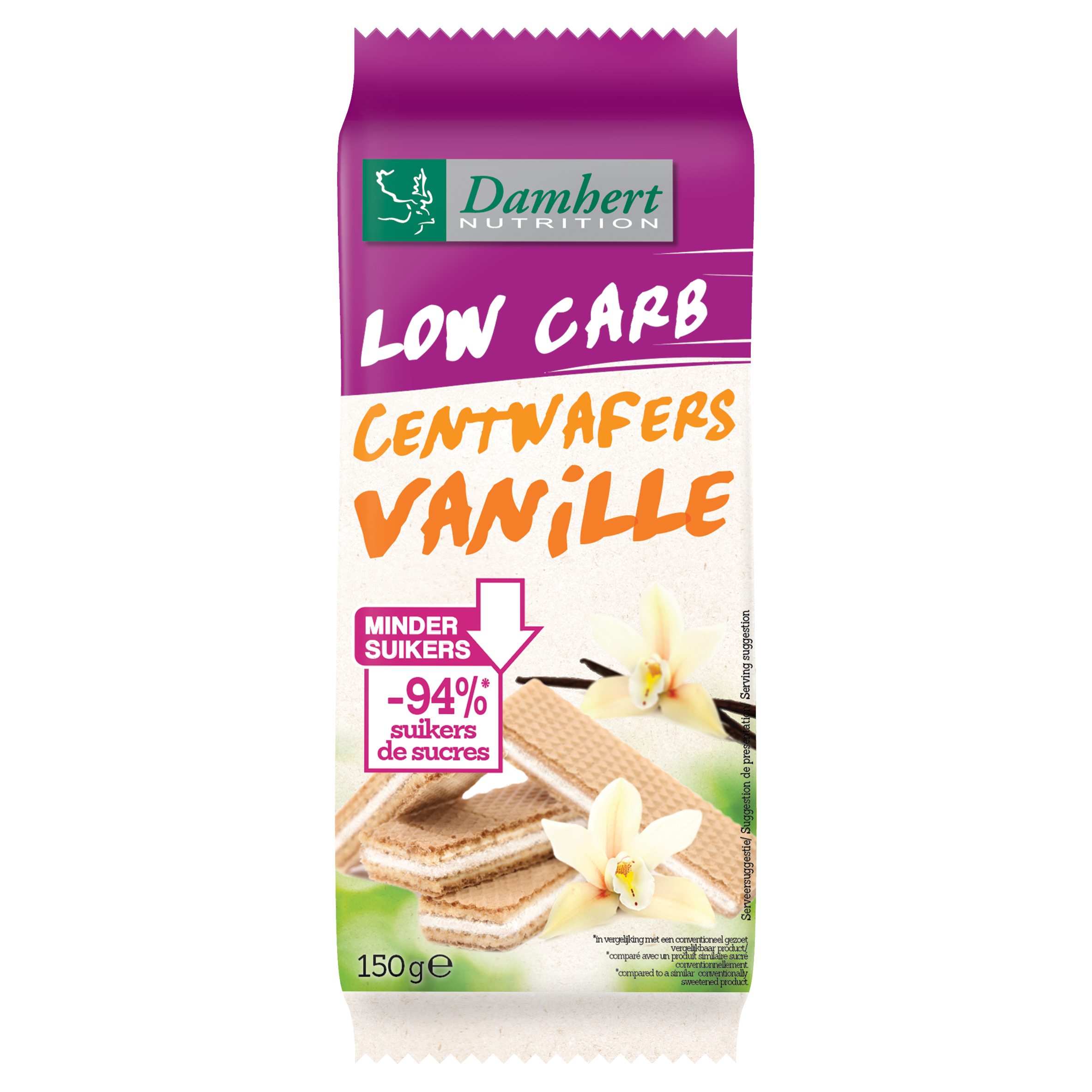 Damhert Centwafers vanille low carb koeken in 150g package with vanilla-flavored wafers visible.