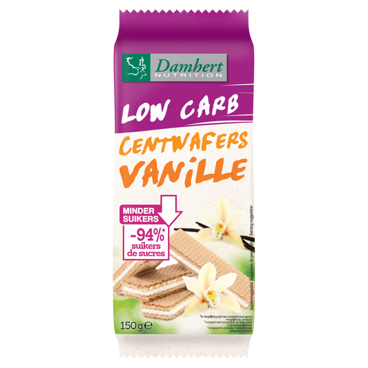 Damhert Centwafers vanille low carb koeken in 150g package with vanilla-flavored wafers visible.