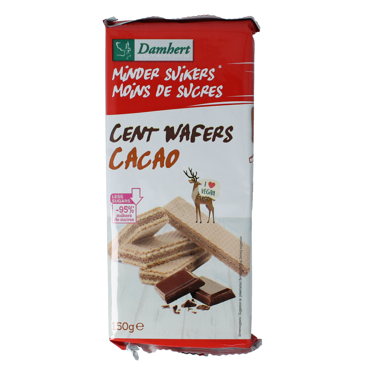 Damhert Centwafers chocolade low carb koeken in 150g package with chocolate coating and crispy texture.