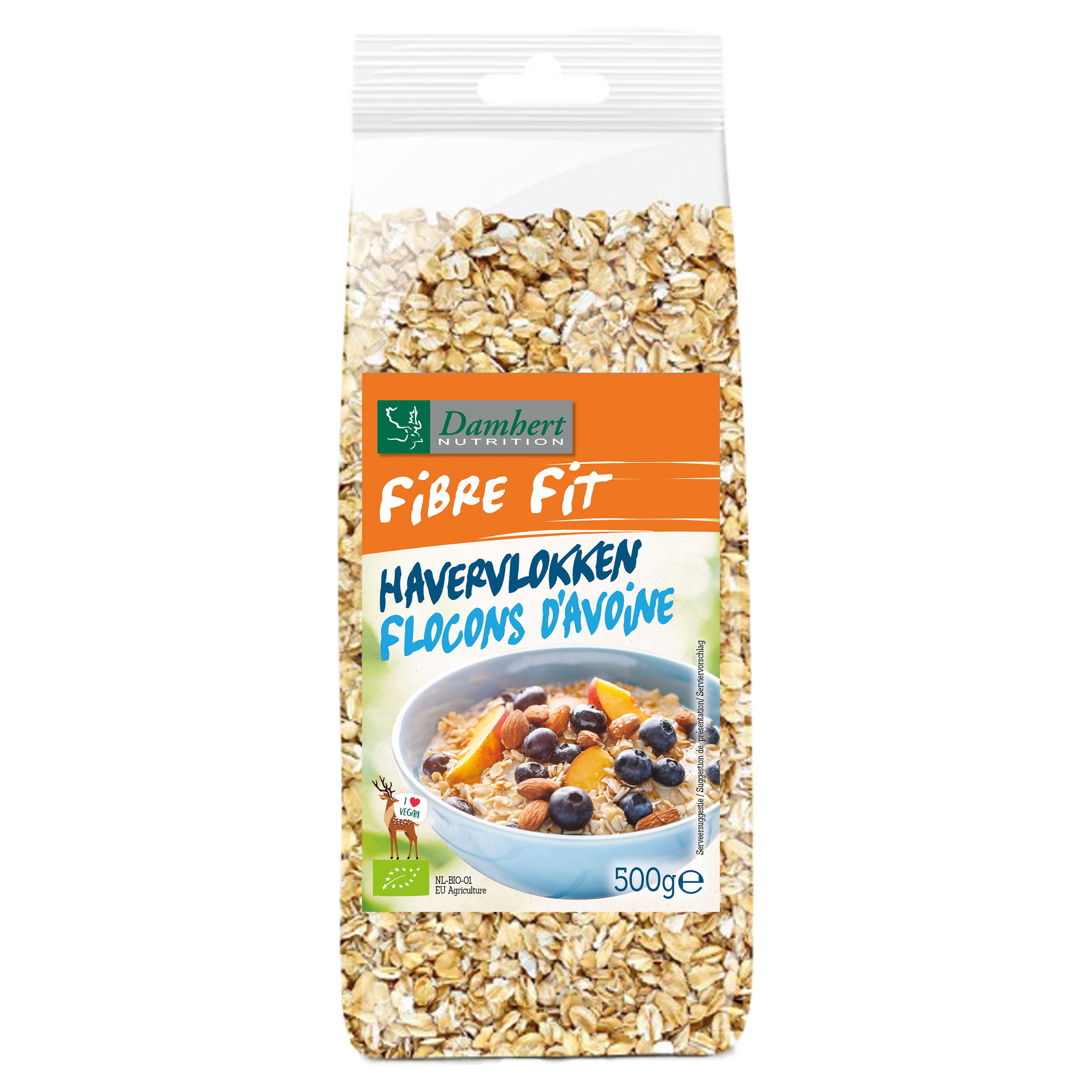 Damhert Fibre Fit havervlokken bio, 500g ontbijtgranen with whole oats and fibre in a clear bowl.