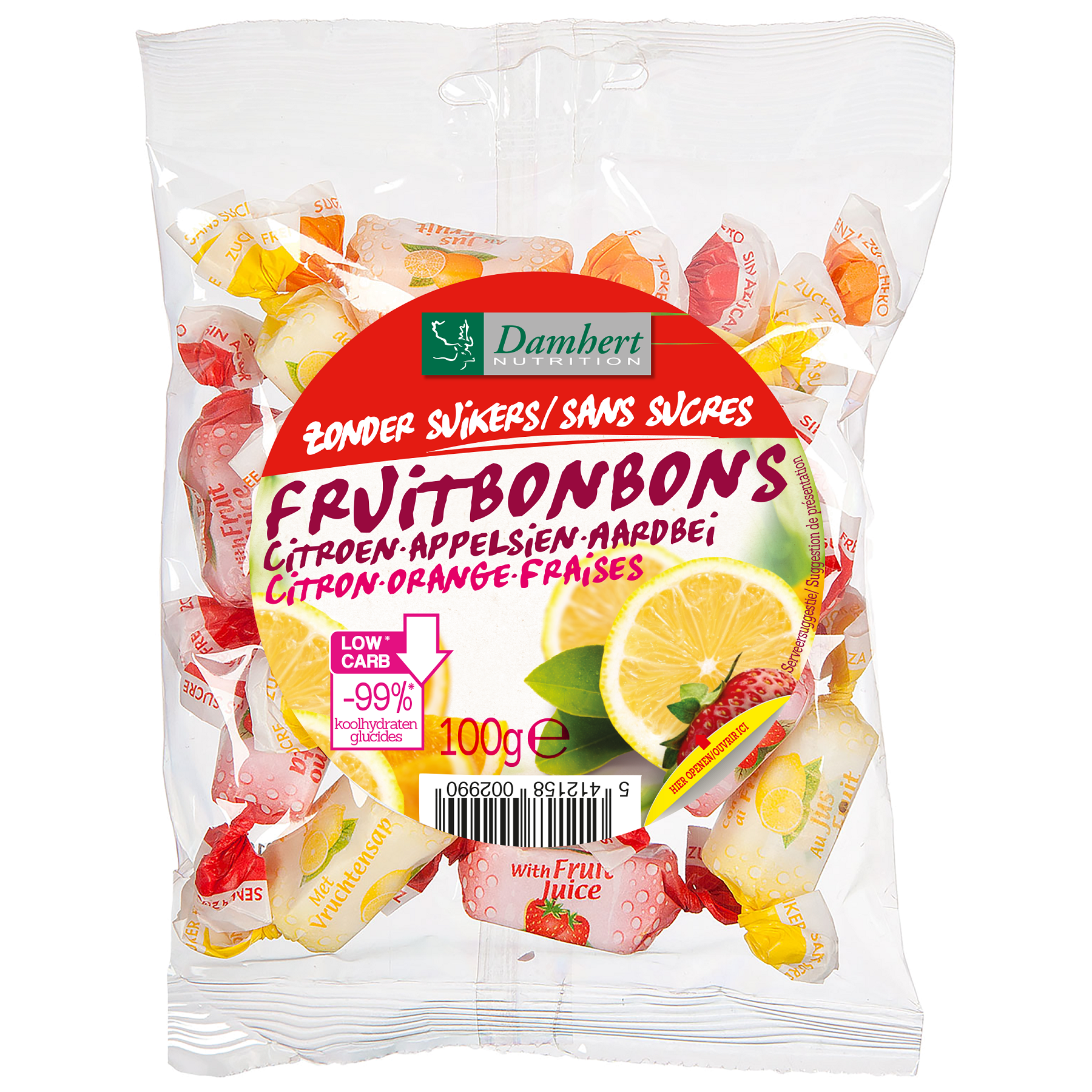 Damhert suikerloze fruitbonbons in 100 gram verpakking, colorful and chewy fruit candies on a white background.