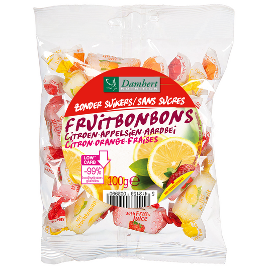 Damhert suikerloze fruitbonbons in 100 gram verpakking, colorful and chewy fruit candies on a white background.