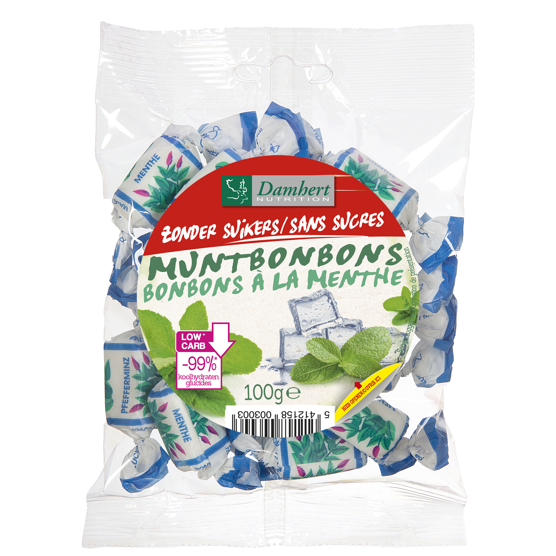 Damhert sugar-free mint candies in a clear plastic bag, showing small green mints with a smooth surface.