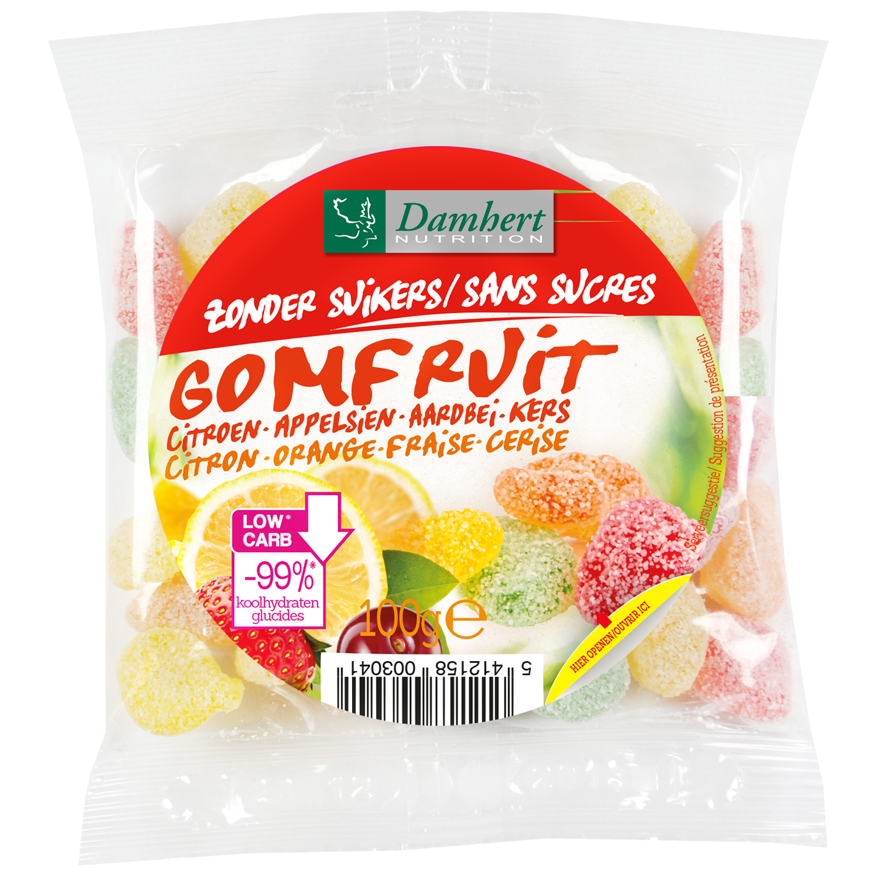 Damhert Extra gomfruit snoepje in 100 gram package, colorful fruit-flavored chewy candy from Damhert brand.