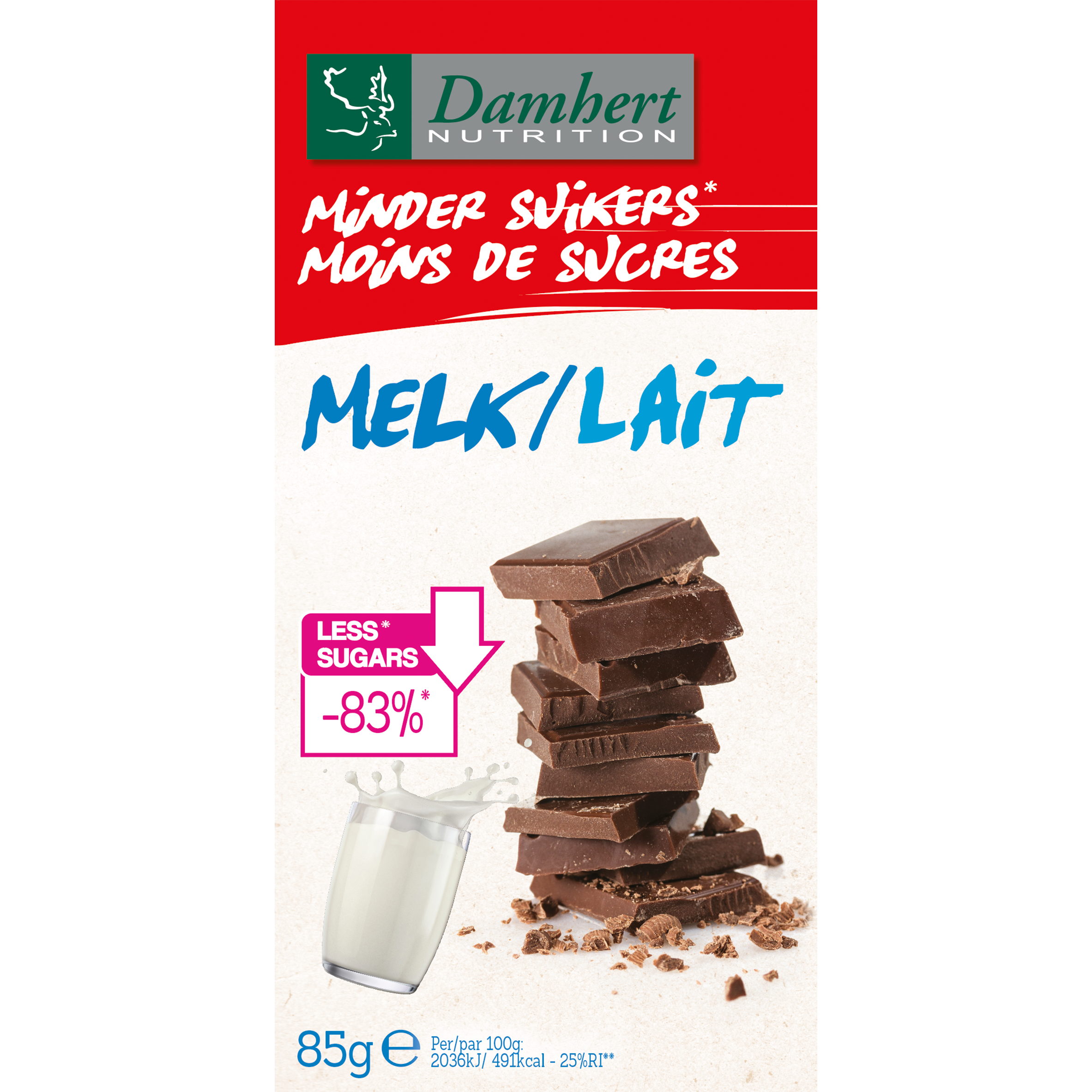 Damhert milk chocolate tablet with reduced sugars, 102 grams, showing the chocolate bar with smooth milk chocolate surface.