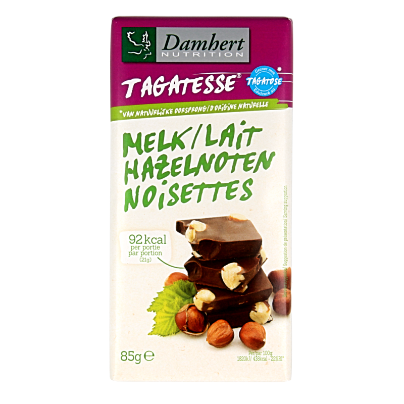 Damhert chocolate tablet with nuts and reduced sugars, 85 grams, showing the chocolate piece with nuts on the packaging.