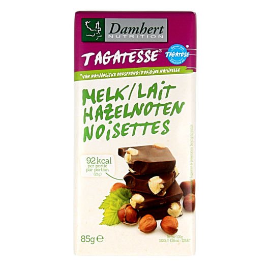 Damhert chocolate tablet with nuts and reduced sugars, 85 grams, showing the chocolate piece with nuts on the packaging.