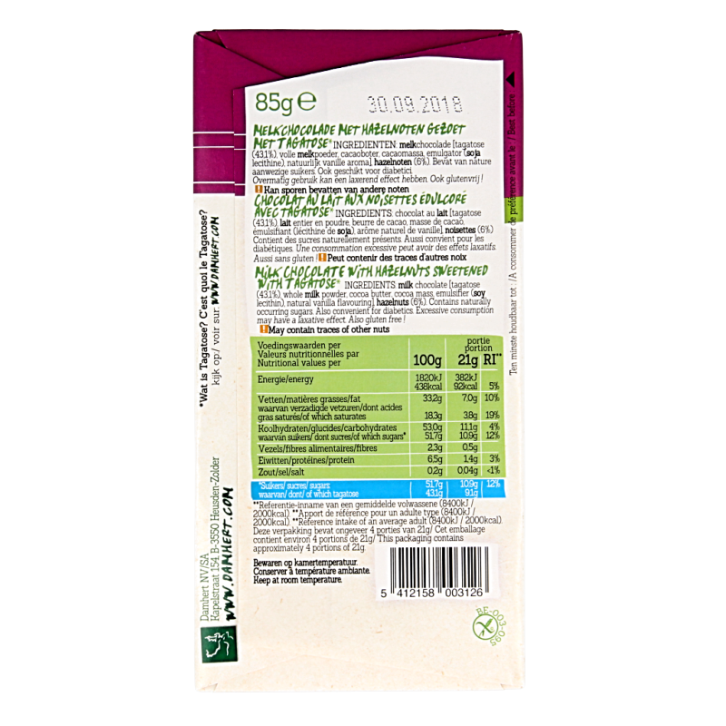 Damhert chocolate tablet with nuts and reduced sugars, 85 grams, showing the chocolate bar with nuts on the packaging.
