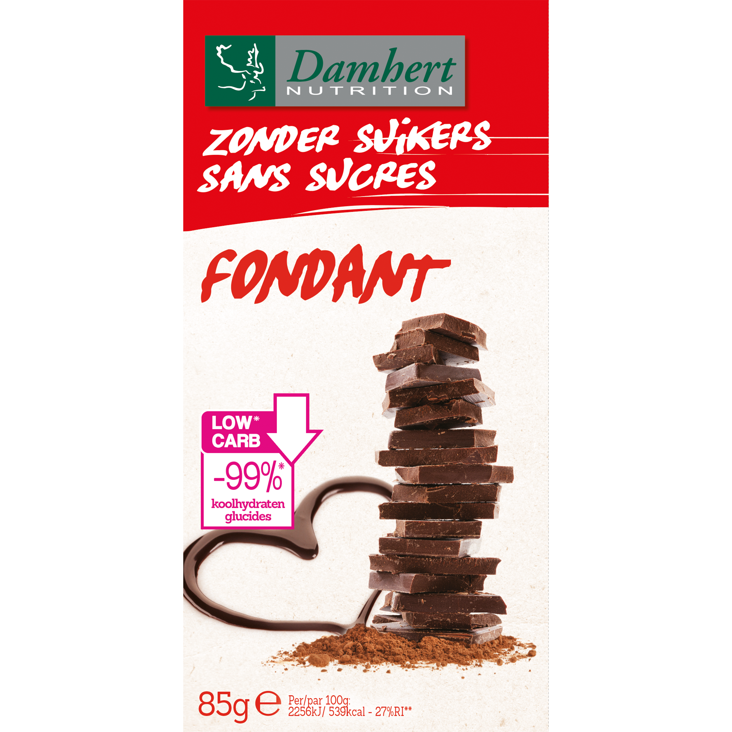 Damhert pure chocolate tablet, 102 grams, showing a close-up of the dark chocolate bar with the Damhert brand logo.