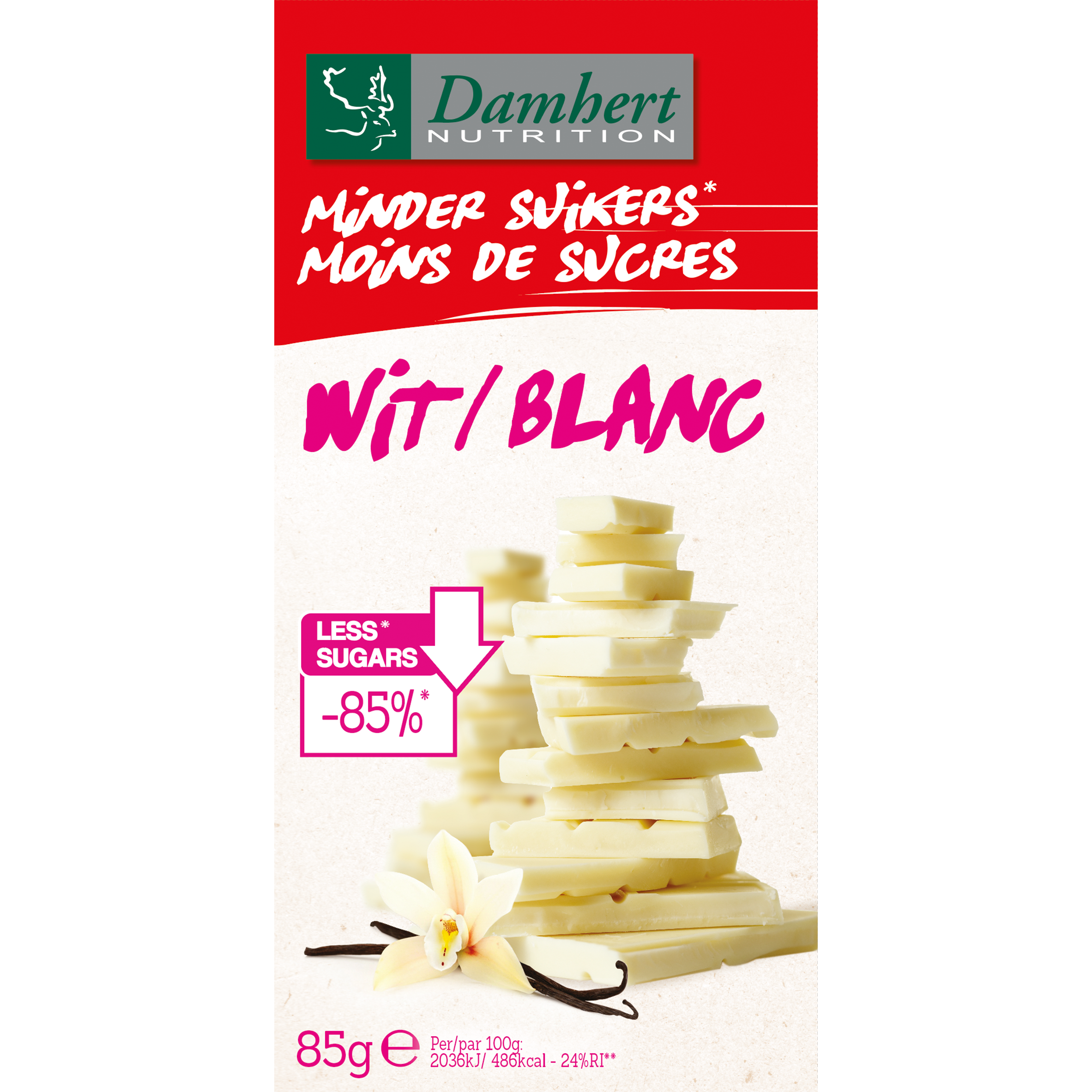 Damhert chocolate tablet with reduced sugars, 85 grams, showing the chocolate bar with packaging and branding.