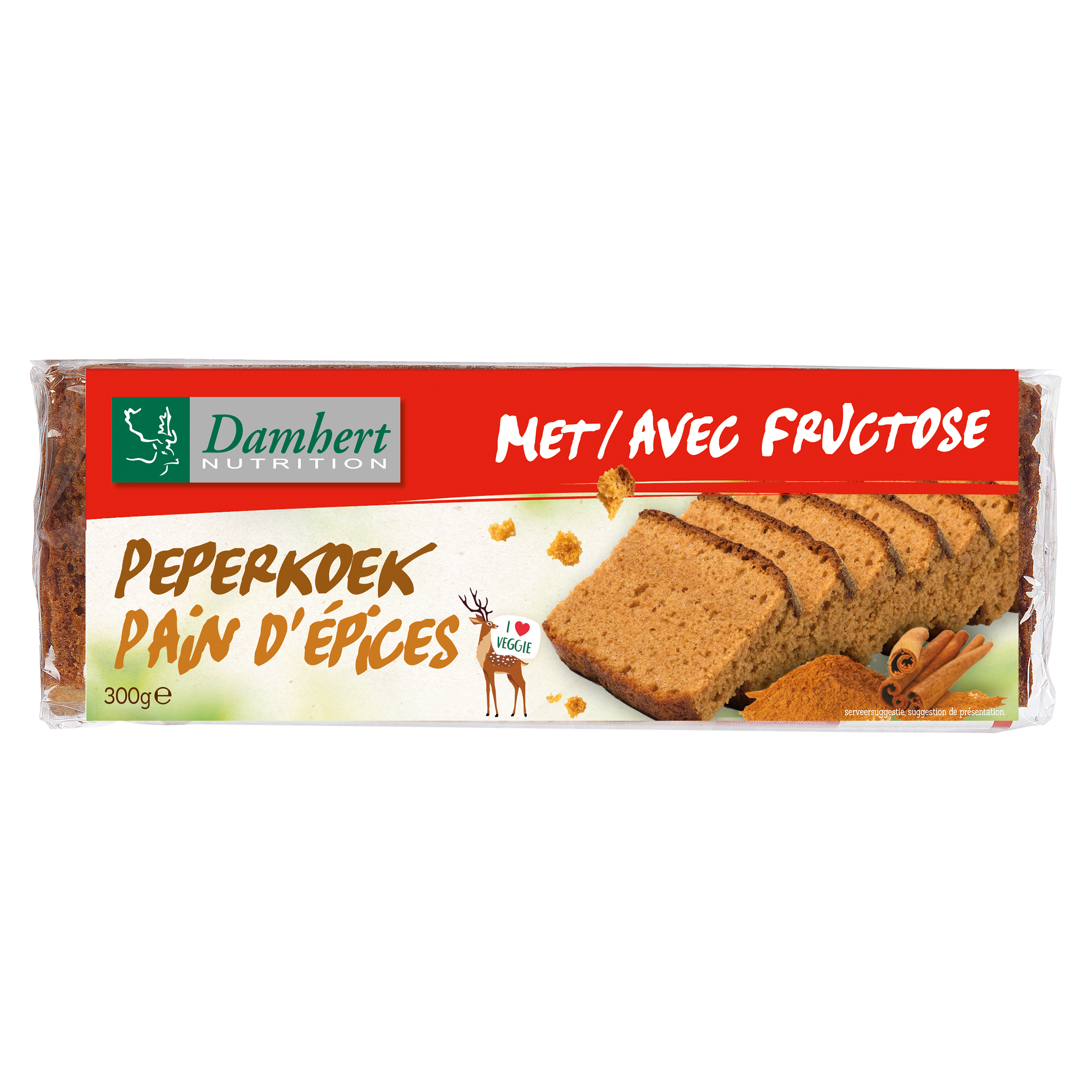 Damhert Peperkoek koeken in 300g package, golden brown slices with spiced texture, displayed on a neutral background.