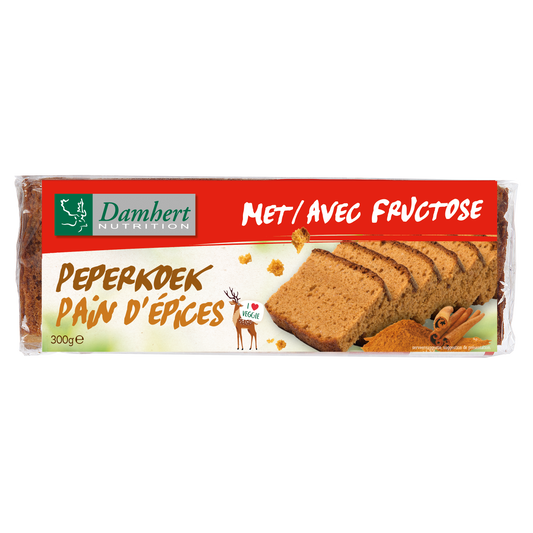 Damhert peperkoek koeken in 300g package, showing golden-brown slices with textured surface and Damhert branding.