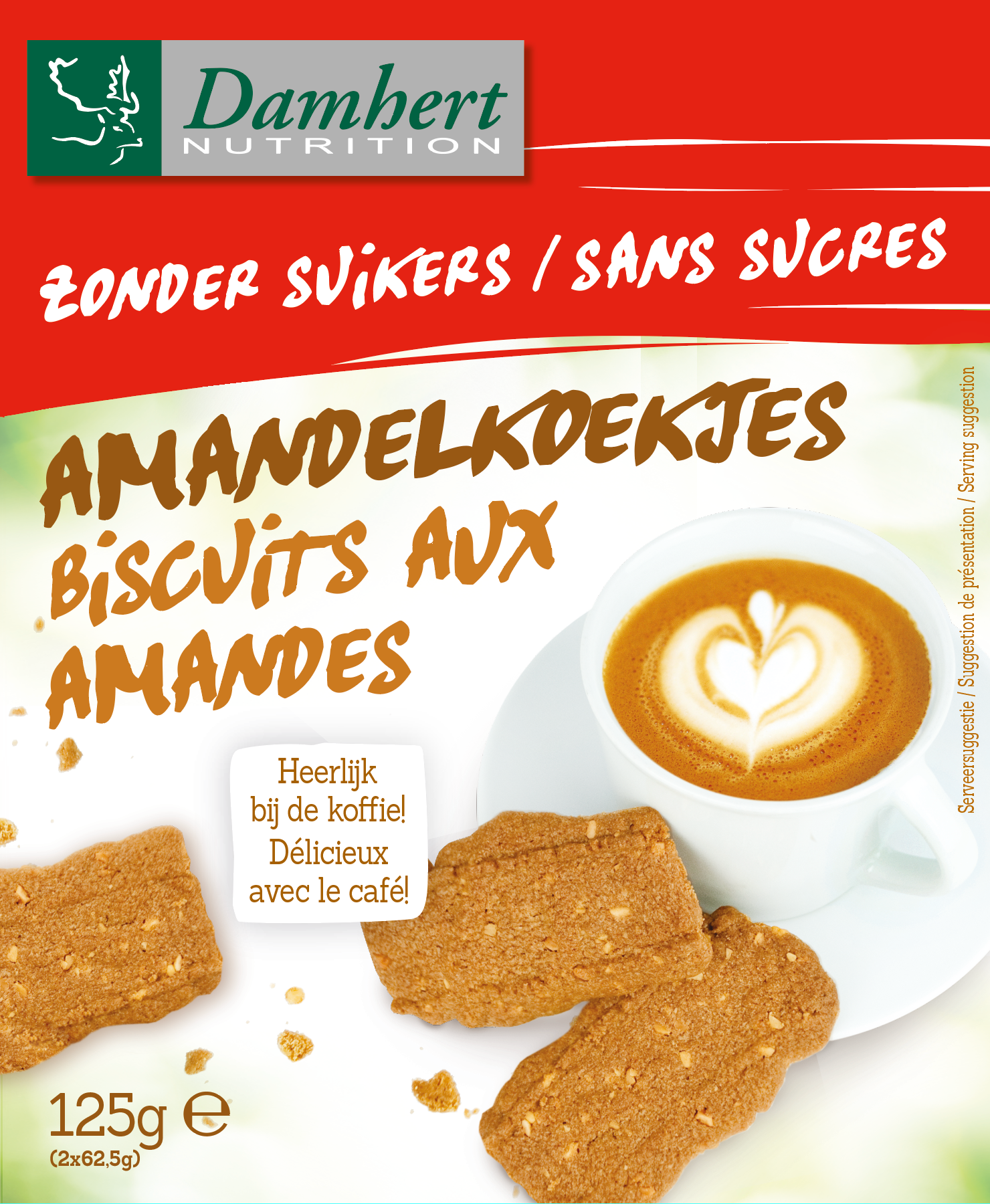 Damhert almond cookies in 125g package, showing golden-brown koeken with almonds on top and packaging label.