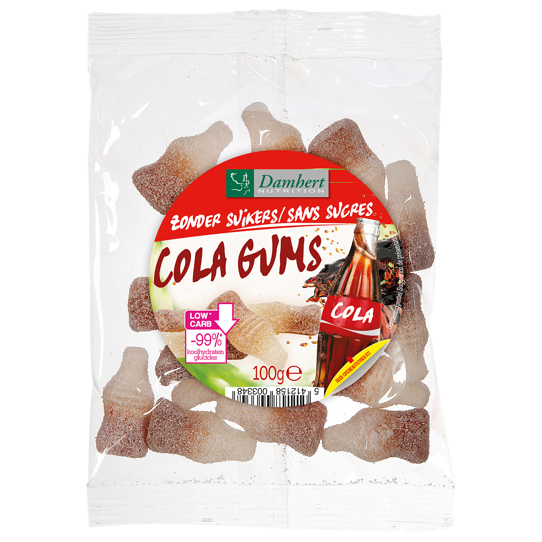Damhert Colaflesjes zonder suikers, 100g, chewy cola-flavored candy with no added sugars, in a clear plastic bag.