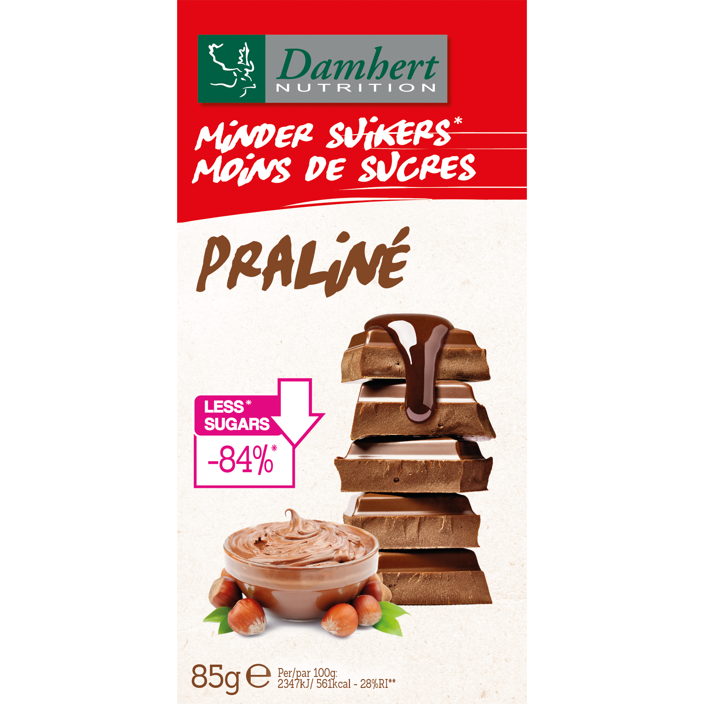 Damhert praline chocolate tablet, 85 grams, with smooth milk chocolate and creamy praline filling, shown in the image.