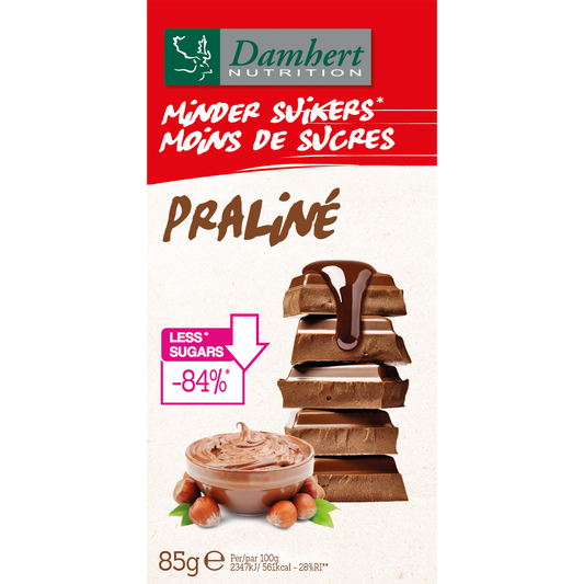Damhert praline chocolate tablet, 85 grams, with smooth milk chocolate and creamy praline filling, shown in the image.