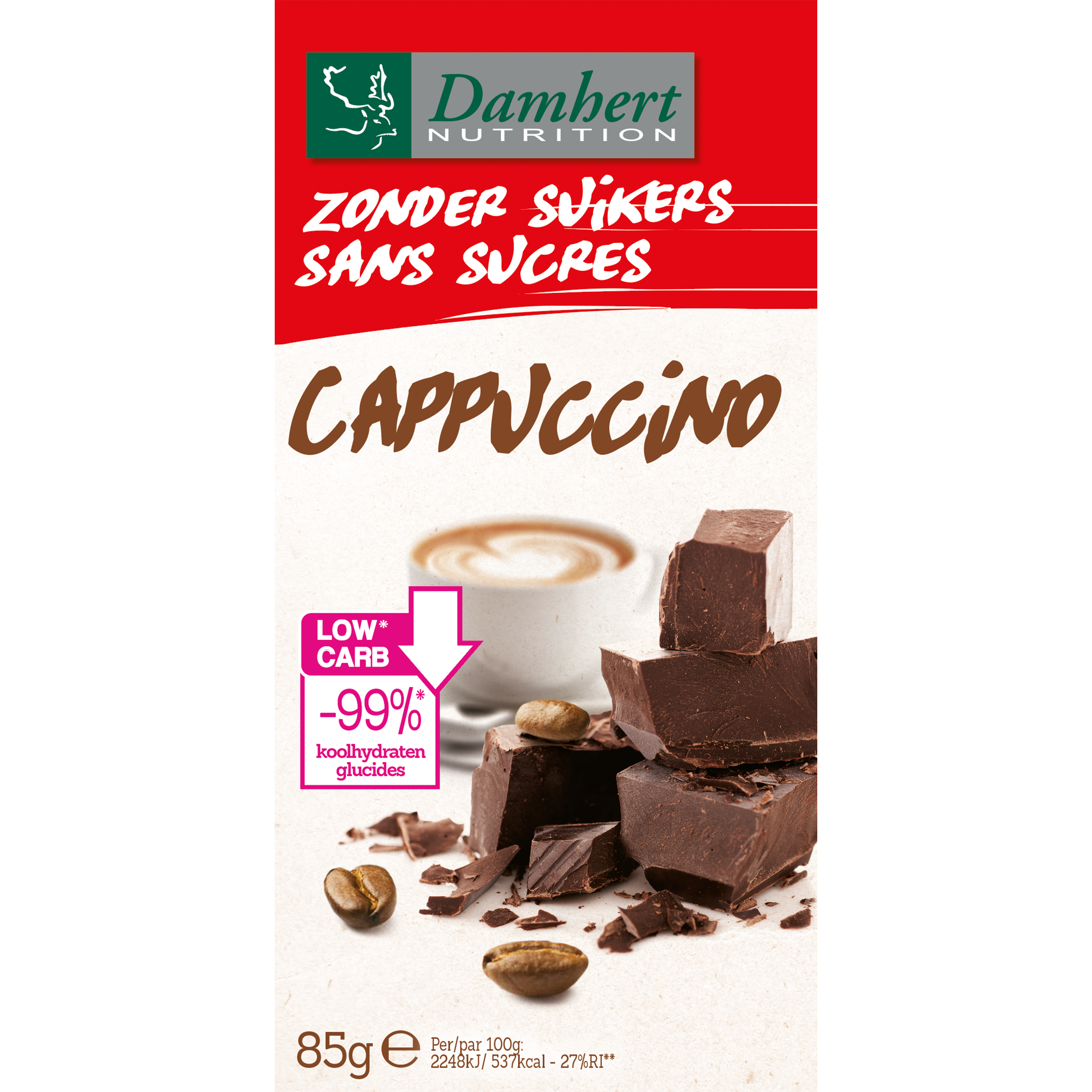 Damhert Cappuccino Chocolate Tablet 85g, creamy milk chocolate with coffee flavor, shown in the product image.