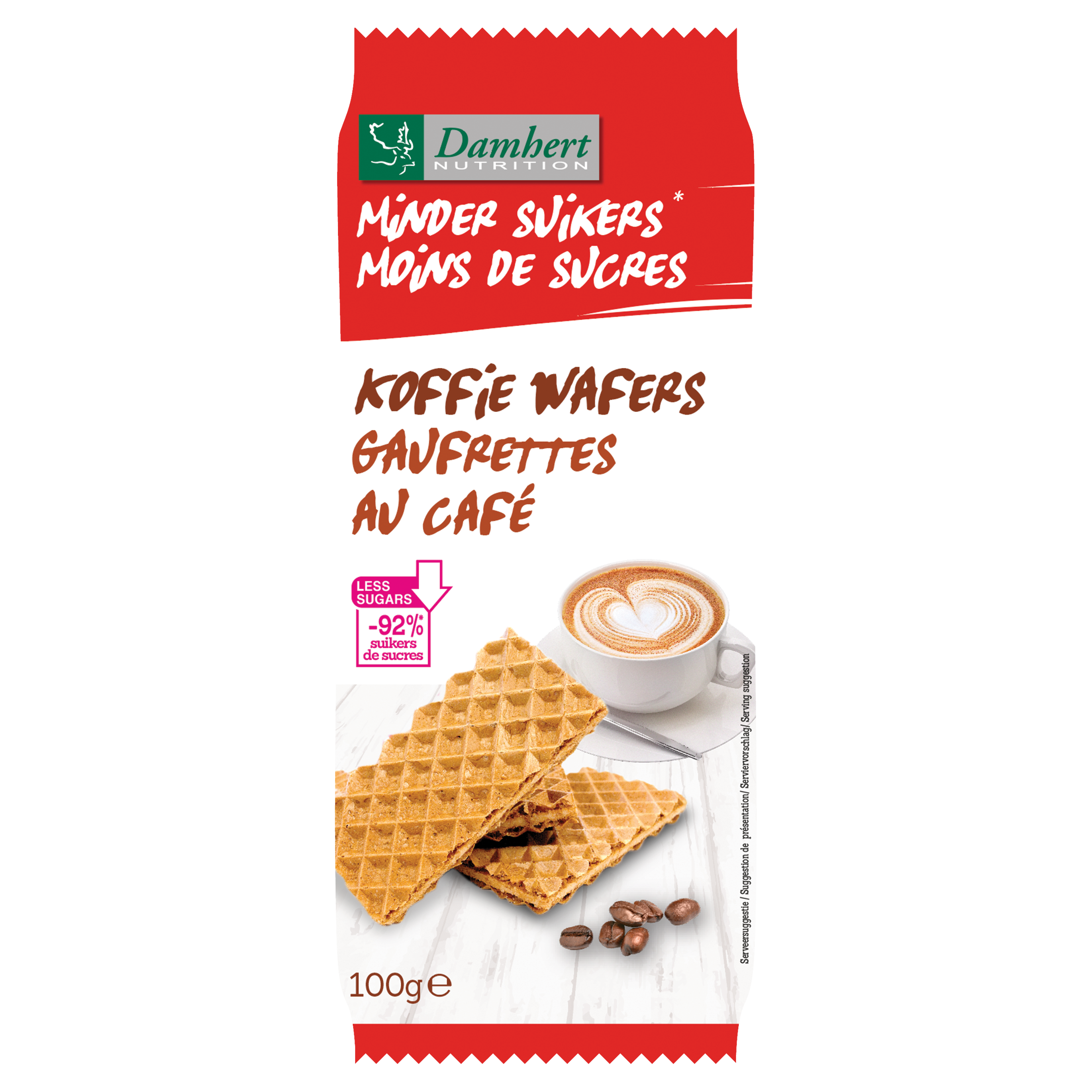 Damhert low carb koffiewafers in a 100g package, showing crispy coffee-flavored cookies with packaging visible.