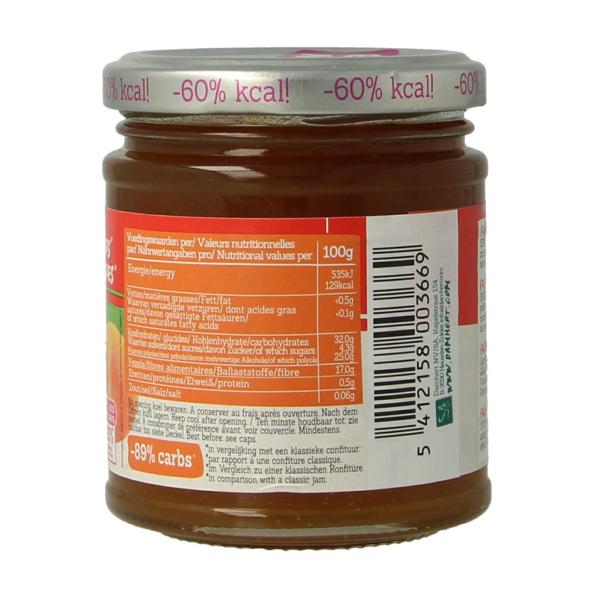 Damhert low carb apricot jam spread on bread, 210g, perfect for healthy breakfast or snacks.