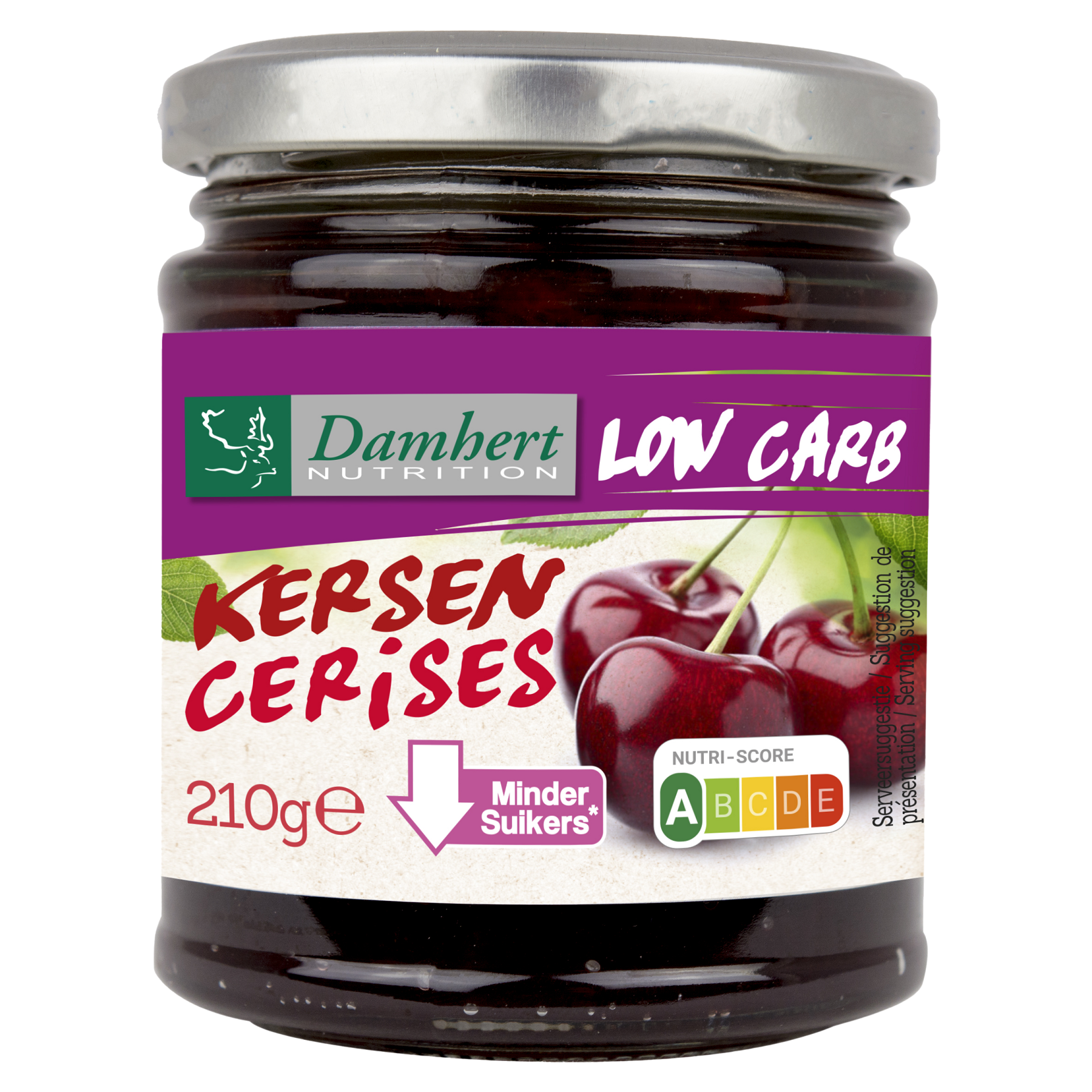 Damhert low carb cherry jam spread on bread, 210g jar, natural fruit flavor, ideal for healthy breakfast or snack.