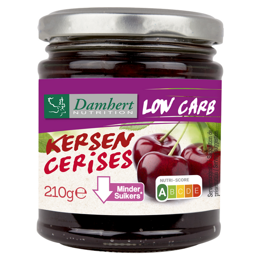 Damhert low carb cherry jam spread on bread, 210g jar, natural fruit flavor, ideal for healthy breakfast or snack.