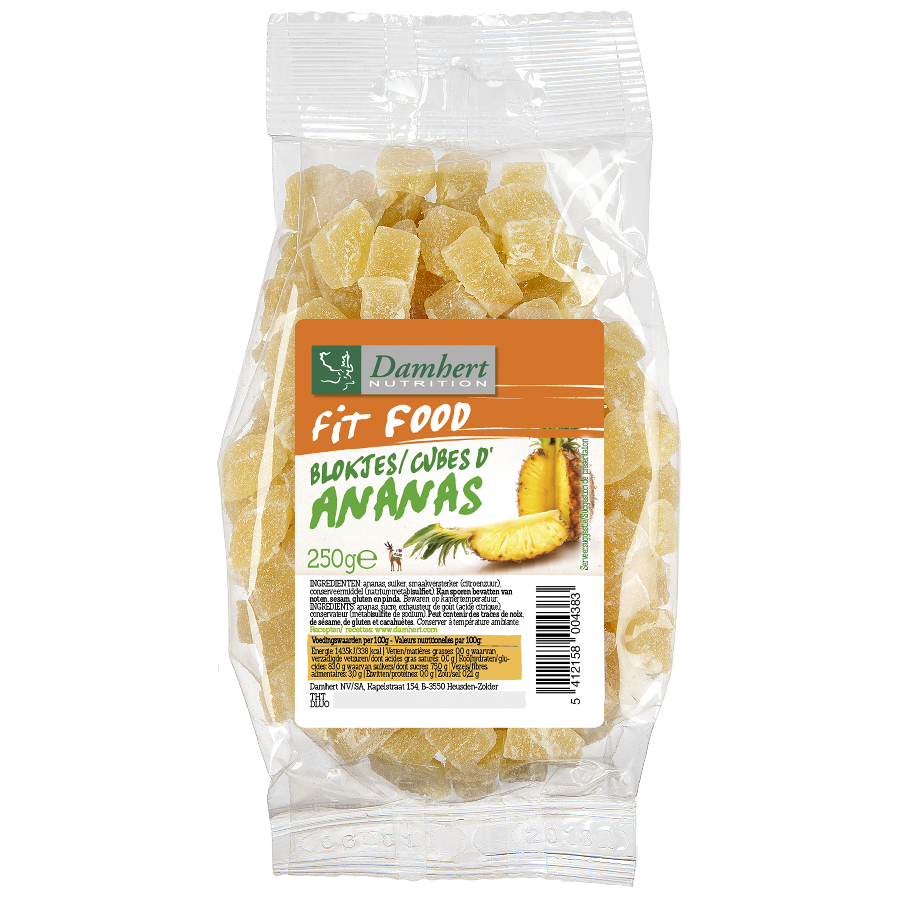 Damhert Fit Food pineapple chunks in a 250g package, suitable for healthy fruit snacks and smoothies.