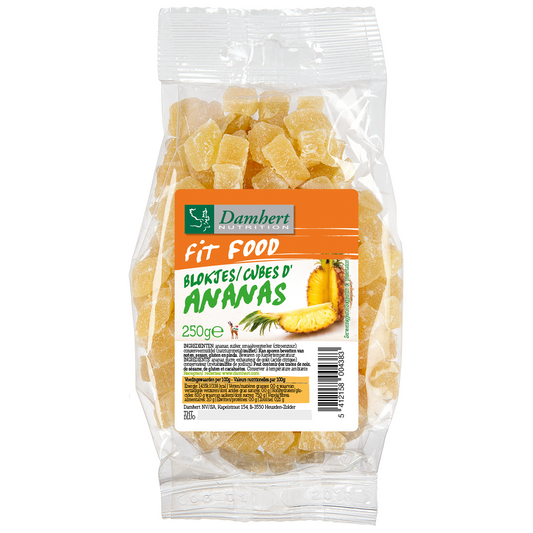 Damhert Fit Food pineapple chunks in a 250g package, suitable for healthy fruit snacks and smoothies.