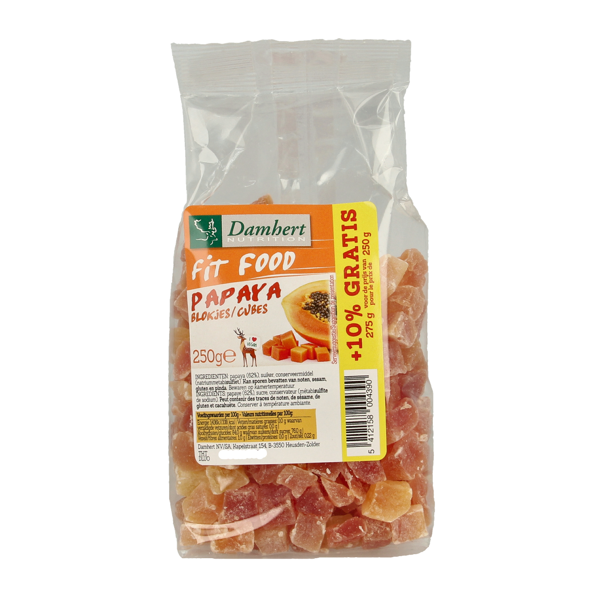 Damhert Fit food papayablokjes in 250g package, fresh cut papaya pieces for healthy snacking or recipes.