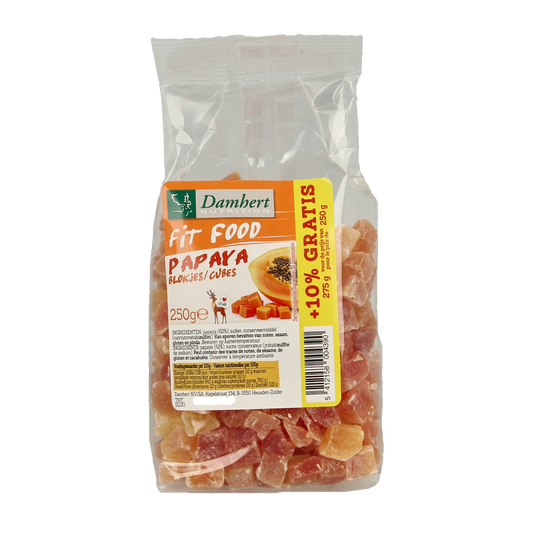 Damhert Fit food papayablokjes in 250g package, fresh cut papaya pieces for healthy snacking or recipes.