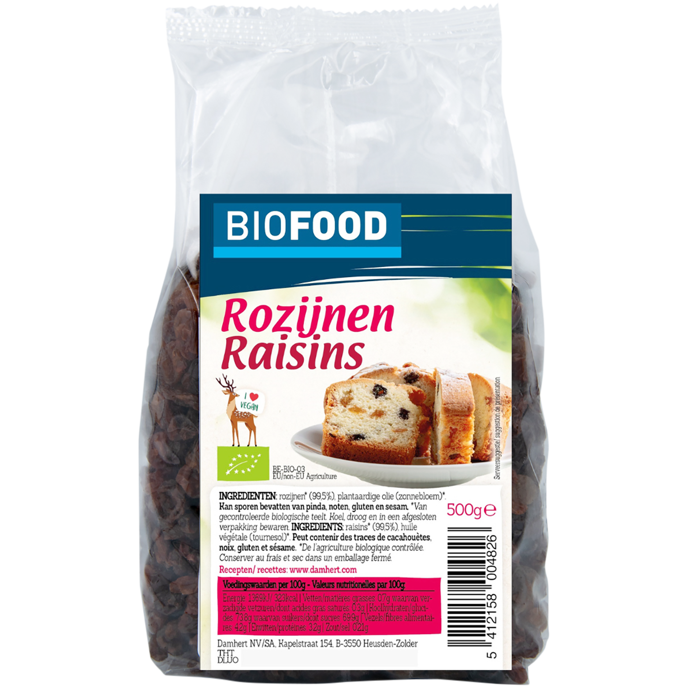 Damhert organic raisins in a 500g package, raw superfood with dried, plump, and naturally sweet raisins.