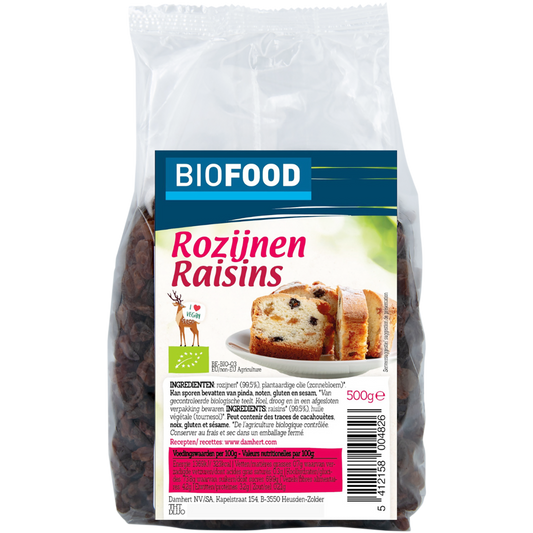 Damhert organic raisins in a 500g package, raw superfood with dried, plump, and naturally sweet raisins.
