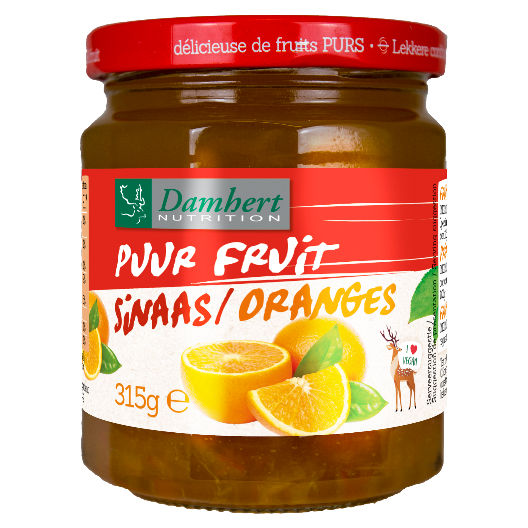 Damhert Puur fruit confituur sinaas broodbeleg in 315g jar, orange-flavored fruit spread for toast or sandwiches.